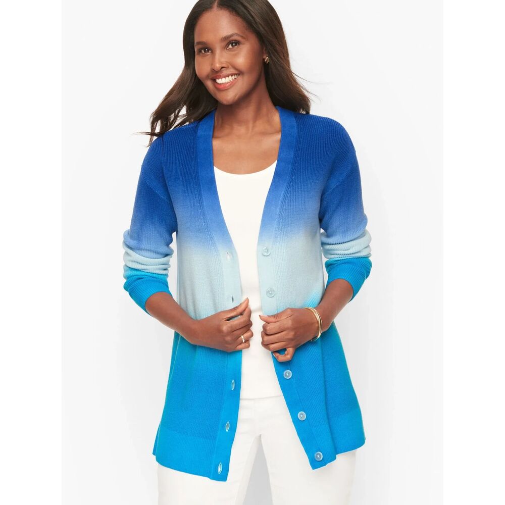 Talbots Girlfriend Cotton Cardigan Blue Dip Dye Petite Medium